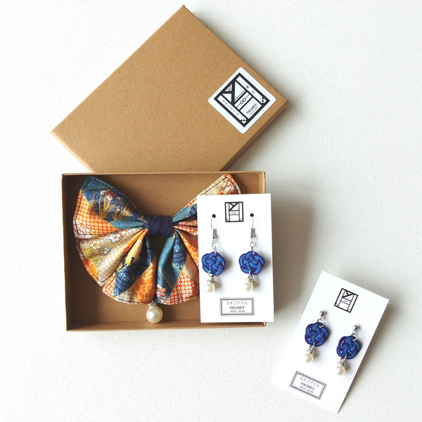 Accessory Gift Set of 2: Hair Accessory and Earrings (Choose from Stud or Drop) - Florist's Dream x Plum Blossoms [Navy]