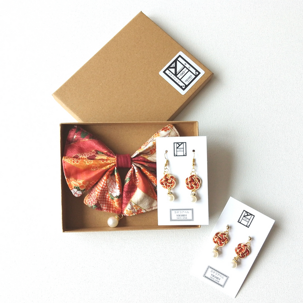 Accessory Gift Set of 2: Hair Accessory and Earrings (Choose from Stud or Drop) - Florist's Dream x Plum Blossoms [Red]
