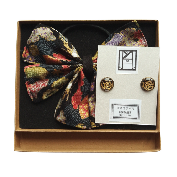 Accessory Gift Set of 2: Hair Accessory and Earrings - Cranes and Mount Fuji x Seven Treasures