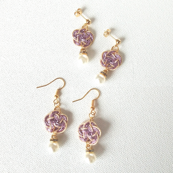 Earrings: Choose Stud or Drop < Washi Paper Strings > - Plum Blossoms [Lilac x Gold]