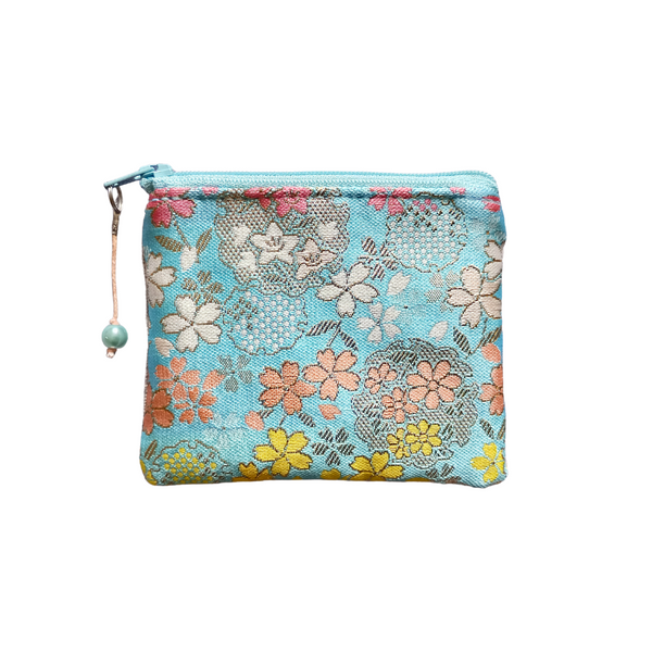 Kimono Coin Purse <Grey x Blue> - Cherry Blossoms and Snow Flake Rings