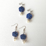 Earrings: Choose Stud or Drop < Washi Paper Strings > - Plum Blossoms [Navy x Blue]