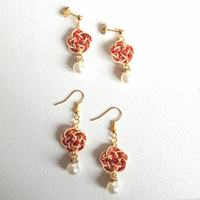 Earrings: Choose Stud or Drop < Washi Paper Strings > - Plum Blossoms [Red x Gold]